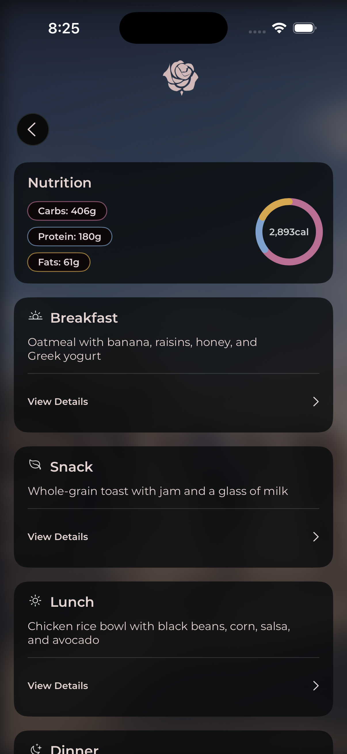 Capriroso nutrition guidance showing daily carbohydrate, protein and fat targets with meal suggestions.